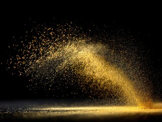 Fototapeta premium A freeze motion shot captures golden sand particles flying through the air against a solid black background. The glittering dust forms a dynamic arc with a glowing trail on the floor.