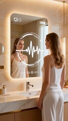 Woman standing in a modern bathroom looking at a smart mirror displaying a pulse wave and various health metrics, representing digital wellness and technology integration