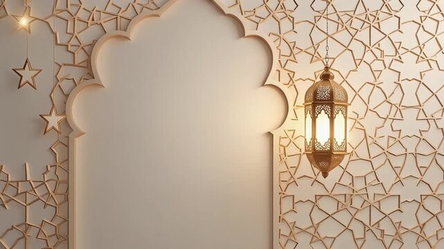 Elegant Islamic lantern hanging in front of ornate archway with star decorations