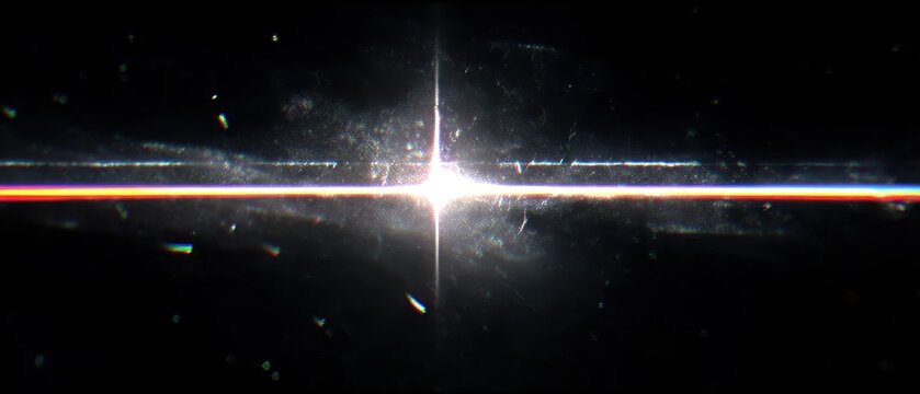 A bright horizontal light flare with a central starburst effect, featuring chromatic aberration, dust particles, and scratches on a dark background for a vintage film look.
