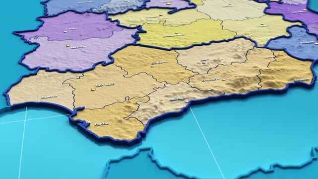 3D animation of a map of Spain zooming into the Andalucia region
