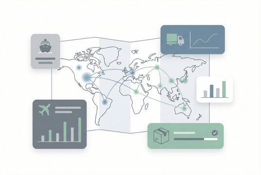 Global logistics network visualization depicting transportation routes maritime freight and air cargo enhanced by analytical data and strategic insights driving operational efficiency