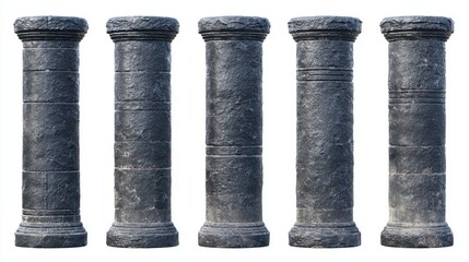 Naklejka premium Five dark stone columns with a rugged, weathered texture are arranged in a row against a white background. These architectural pillars show signs of age and have circular bases.