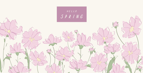 Hello Spring Floral Background with Pink Flowers. Soft spring banner with hand drawn pink flowers and leaves. Romantic floral illustration for greeting cards, posters, social media and seasonal design