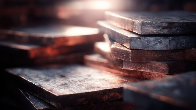 Industrial stacks of heavy copper cathodes display a rough metallic texture under cinematic lighting. The rectangular slabs are piled together, showing glints of orange and dark grey tones.
