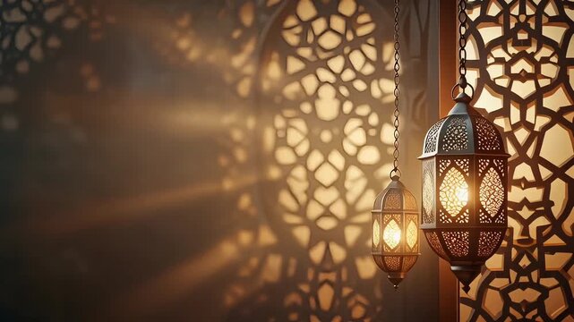 Beautifully lit Moroccan lanterns casting intricate shadows on wall
