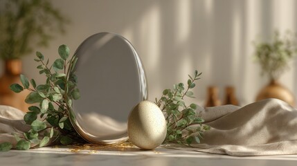 Obraz premium A large silver egg-shaped mirror stands next to a speckled cream egg on a marble surface, surrounded by green eucalyptus branches and soft draped fabric in a bright, sunlit room.