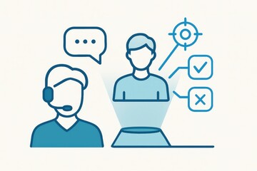 AI generated illustration depicting customer service interaction with virtual assistant featuring communication icons and user experience evaluation metrics reflecting engagement strategies