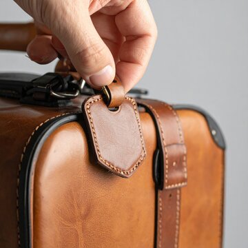 Hand Holding Leather Luggage Tag On Vintage Brown Suitcase With Metal Buckles And Straps Detailed Texture Close Up Studio Shot