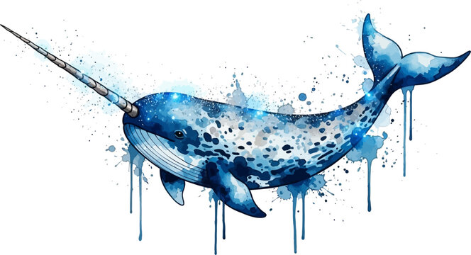 Majestic blue narwhal swimming in vibrant watercolor splashes