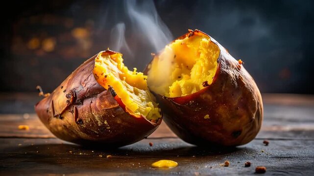 割って中身が見える焼き芋が湯気を立てる素朴な和風スイーツ表現