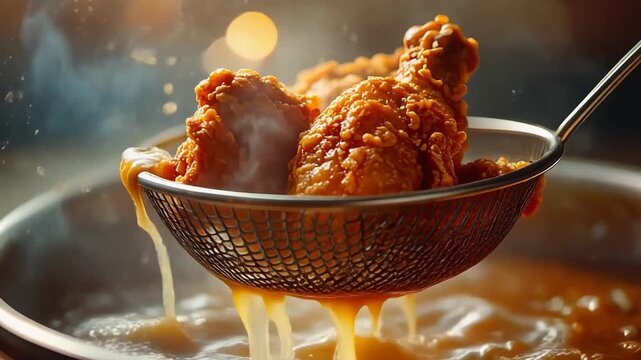 揚げたてのフライドチキンが油を切られながら輝く臨場感ある調理シーン