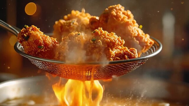 スプーンですくわれる衣が立ったフライドチキンが油に輝く調理表現