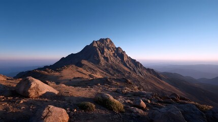 Obraz premium Majestic mountain peak illuminated by dawn s golden light under a clear sky