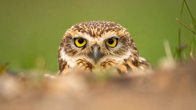草陰から顔を出すフクロウの鋭い眼差しを捉えた野生の瞬間