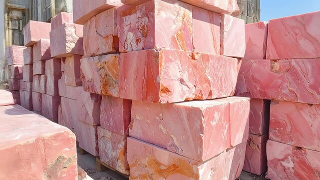 積み重ねられた石材ブロックが産業的な力強さを感じさせる風景