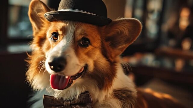 Dapper Corgi with Bowler Hat: A charming corgi, sporting a dapper bowler hat and a stylish bow tie, exudes personality and charm. It captures the essence of refined elegance.