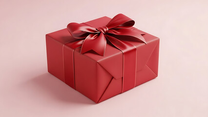 Obraz premium Red gift box with ribbon bow on pink background wrapped in shiny paper