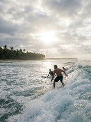 A surfer rides his board alongside friends as they ride a foaming wave against a cloudy sky on a sunny day on an island