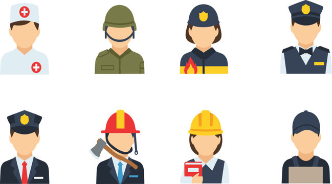 Public Service and Emergency Worker Avatar Vector Set with Nurse Soldier Firefighter Police Officer Builder and Safety Professionals