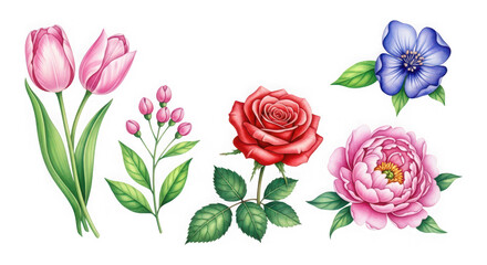 Naklejka premium Colorful assortment of flowers including tulips, roses, and violets isolated on transparent background