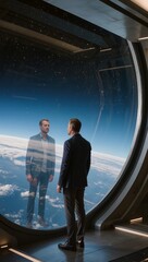 Fototapeta premium Man stands in a futuristic spaceship, gazing through a large circular window at planet earth below, his reflection mirroring contemplation of future, ambition and exploration