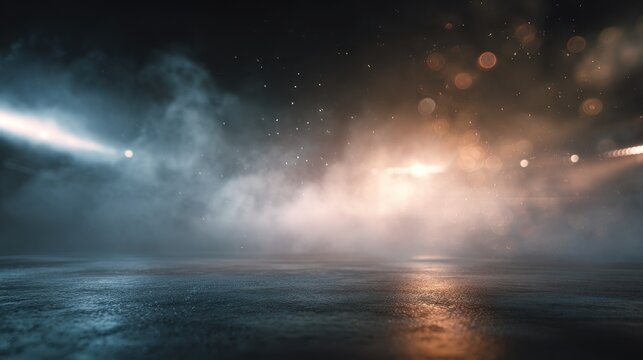 Dark cinematic background with a reflective wet surface and thick fog illuminated by contrasting blue and orange light sources with glowing bokeh and floating particles.