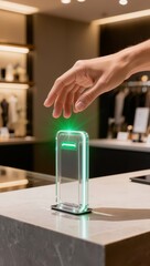 Hand interacting with a modern, transparent payment terminal emitting green light, illustrating future retail experiences and innovative smart technology in a luxury store setting