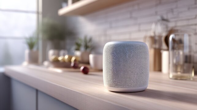 A modern white smart speaker with a mesh texture rests on a wooden kitchen countertop. The background shows a bright, blurred kitchen interior with white brick tiles and shelves.
