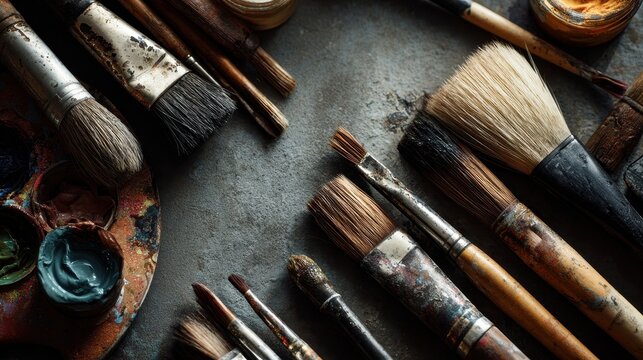 Various paintbrushes and a palette with thick oil or acrylic paint are scattered across a dark, weathered tabletop. This close-up shot highlights the tools of a professional artist.