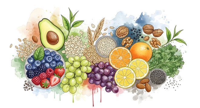 Vibrant Healthy Food Illustration with Fresh Fruits, Whole Grains, Seeds, Nuts and Superfoods in a Colorful Watercolor Style