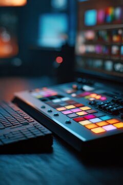 A professional MIDI controller with colorful backlit pads sits on a desk next to a computer keyboard in a dark music production studio with blurred monitors in the background.