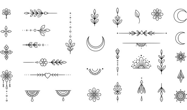 Delicate henna tattoo doodle vector elements with fine line mehndi details on white background