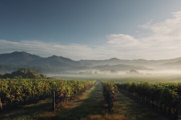 Obraz premium A scenic view of a lush vineyard at dawn, with rows of grapevines stretching toward misty mountains under a clear blue sky. The morning fog settles over the valley in a peaceful landscape.
