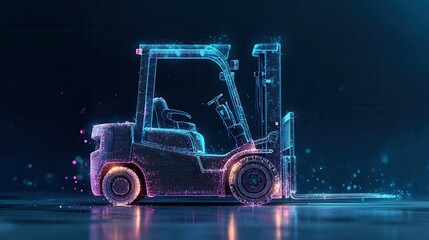 A futuristic digital wireframe of a forklift glows with neon blue and purple lights against a dark background. The holographic industrial vehicle features glowing wheels and particles.