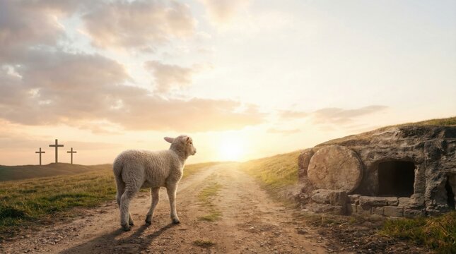 Lamb on a Path with Crosses and Empty Tomb at Sunset, Symbolizing Easter and Resurrection.