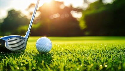 Golf club and ball on perfect green grass at sunset