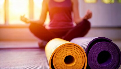 Yoga mats for meditation practice with woman meditating in background