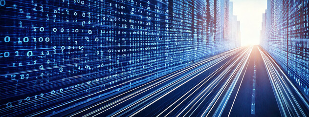 Digital Cityscape Data Streams, Fast Speed, Code Buildings, Futuristic Highway