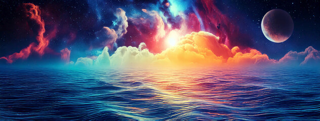 Alien planet with colorful nebula, large moon, mountains and sunrise