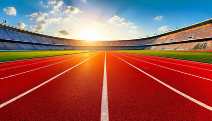 Red running track leading to bright sunset in stadium
