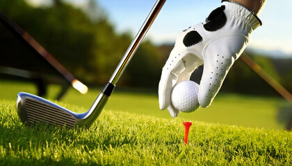 Golfer placing ball on tee at sunset on golf course