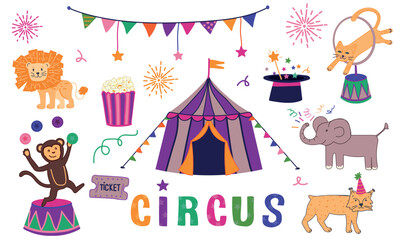 Circus Vector Clipart Set with Animals, Tent, Magic Props and Party Elements, Cute Cartoon Illustration Isolated on White for Kids © Ira