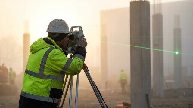 Man surveyor operating total station with laser light on construction site at sunrise for building and civil engineering