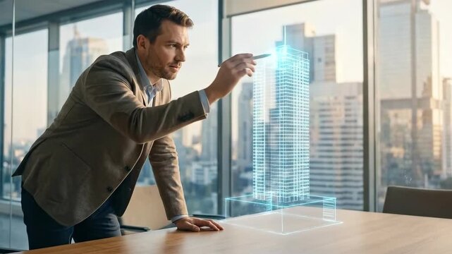 Man architect or engineer developing 3d digital city building model on desk. Virtual reality hitech construction design