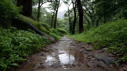 A wet stone pathway winds through a lush green forest under a canopy of trees glistening after rain