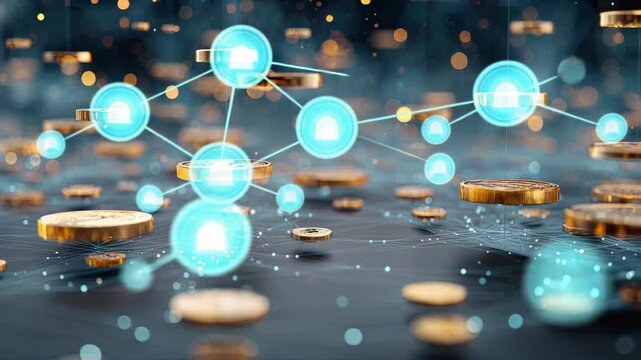 Digital coin blockchain cryptocurrency network technology finance connection futuristic glowing abstract innovation investment virtual decentralized secure online transaction economy data modern