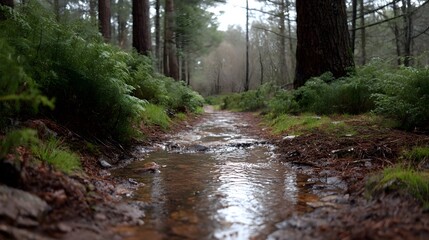 Obraz premium Wet forest path after rain puddles reflecting the sky with lush ferns and trees leading into a serene woodland
