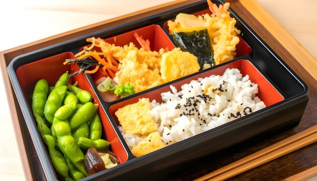 Bento containing rice sprinkled with nori, edamame and karage