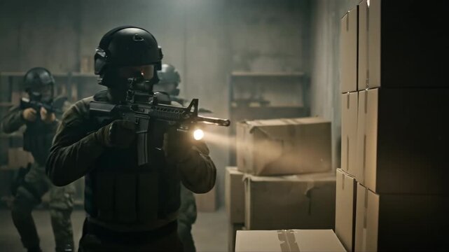 Tactical team man with rifle and flashlight searches dark warehouse. Special forces operation in storage unit with boxes
